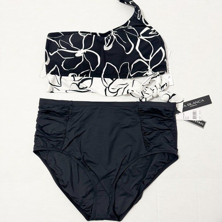 La Blanca Plus Nwt Sz 18w Black White One Shoulder High Waist Swimsuit Set